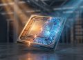 Intricate AI processor chip, split by a fissure, dramatically lit by clashing amber and blue lights against a blurred tech background.