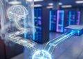 Conceptual high-tech visual: Two AI pathways diverge from a glowing sphere in a data center. One leads to a complex brain, the other to a simple core.