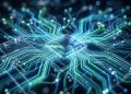 Abstract, high-tech image of an AI chip with glowing electric blue and emerald green circuit patterns, suggesting immense processing power and global connectivity. Sharp focus on the chip with bokeh.