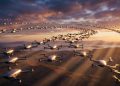 Hundreds of sleek, metallic drones form complex, dynamic patterns against a dramatic golden hour sky with volumetric light rays and blurred landscape.